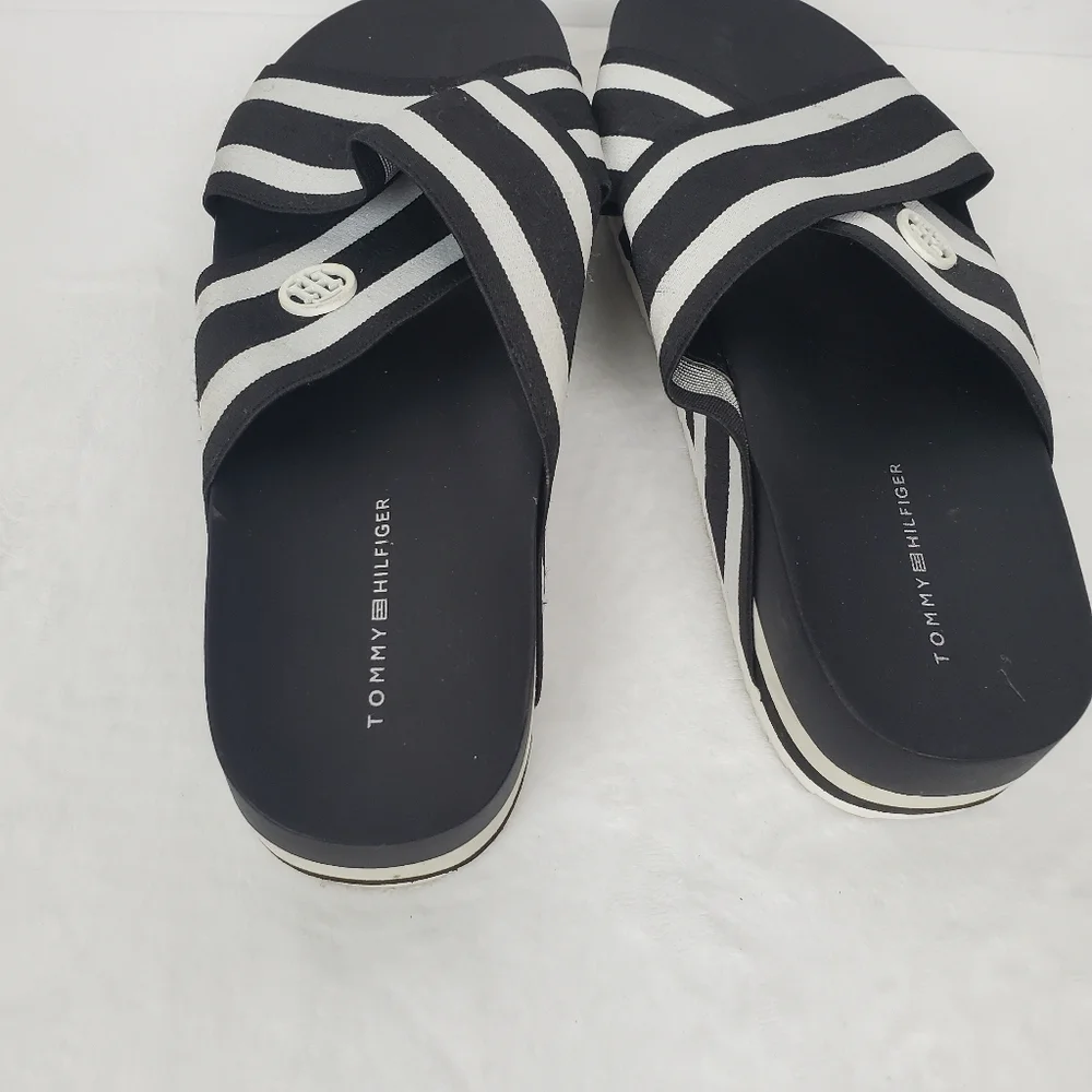 Tommy Hilfiger Black and White Striped Sandals 7.5